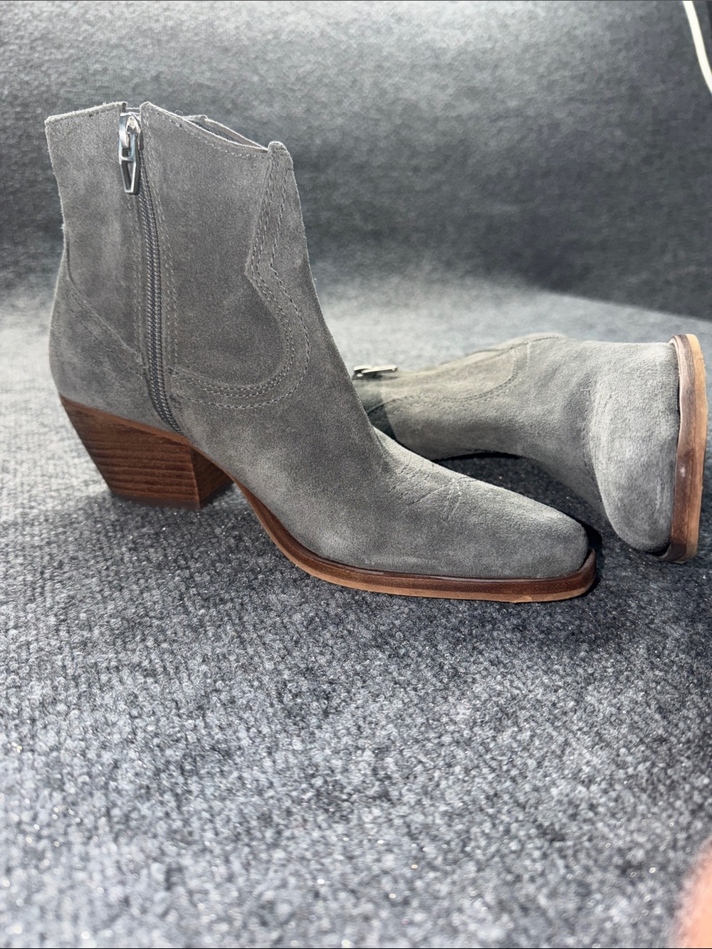 Dolce Vita Gray Suede Ankle Booties with Brown Trim
